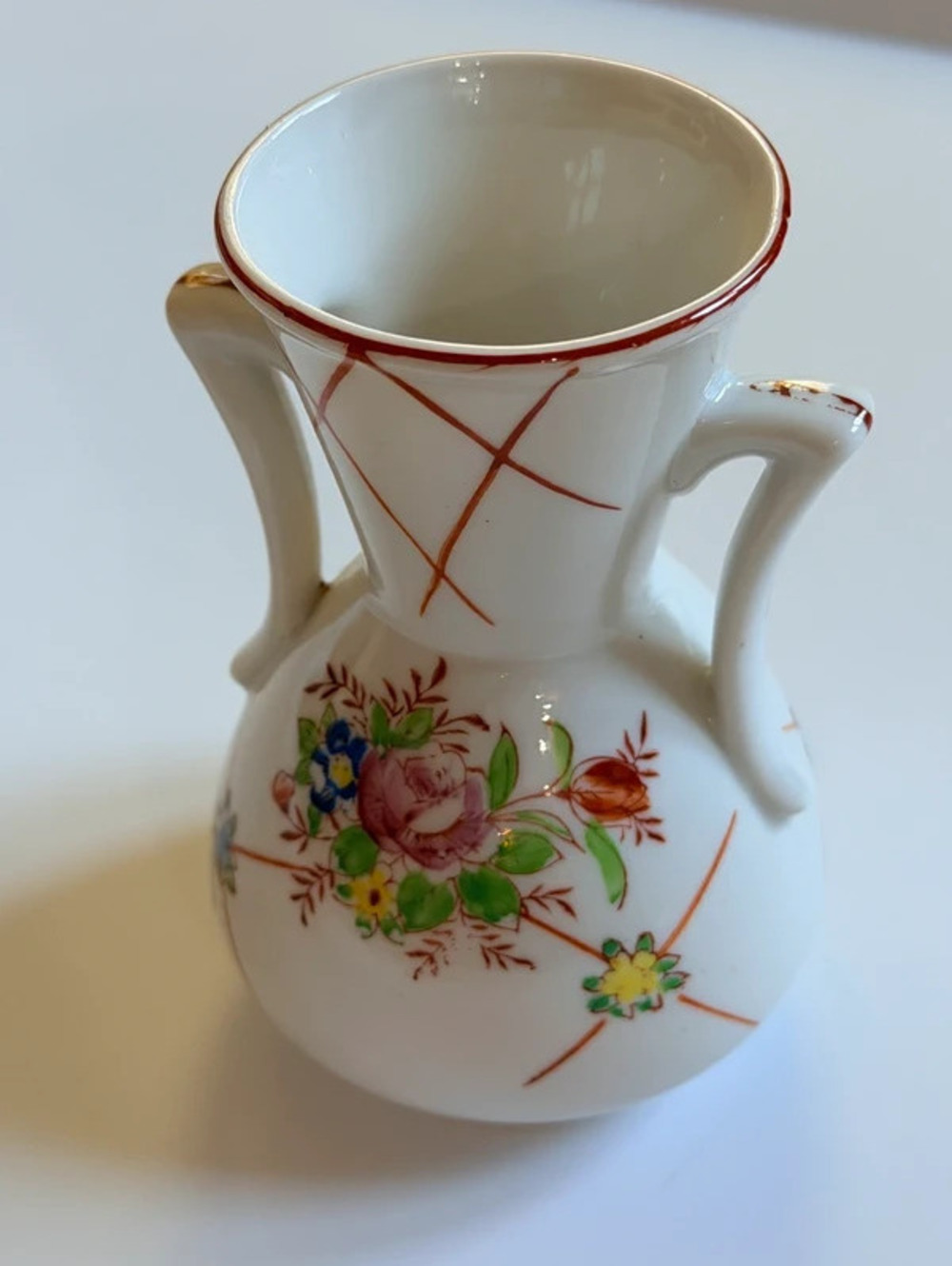 Vintage Japan Double Handled Porcelain Vase Floral Hand Painted skuC